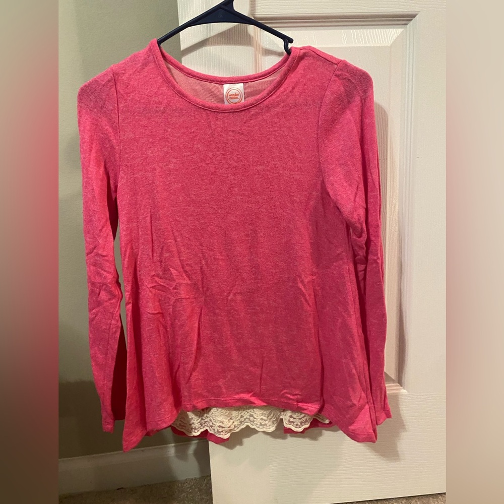 Girls knit light sweater with lace trim